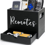Remote Control Holder, Wooden TV Controller Holder, Desk Organizer with 2 Compartment and Drawers for TV & Office Supplies, Ideal for Tabletop (Black)