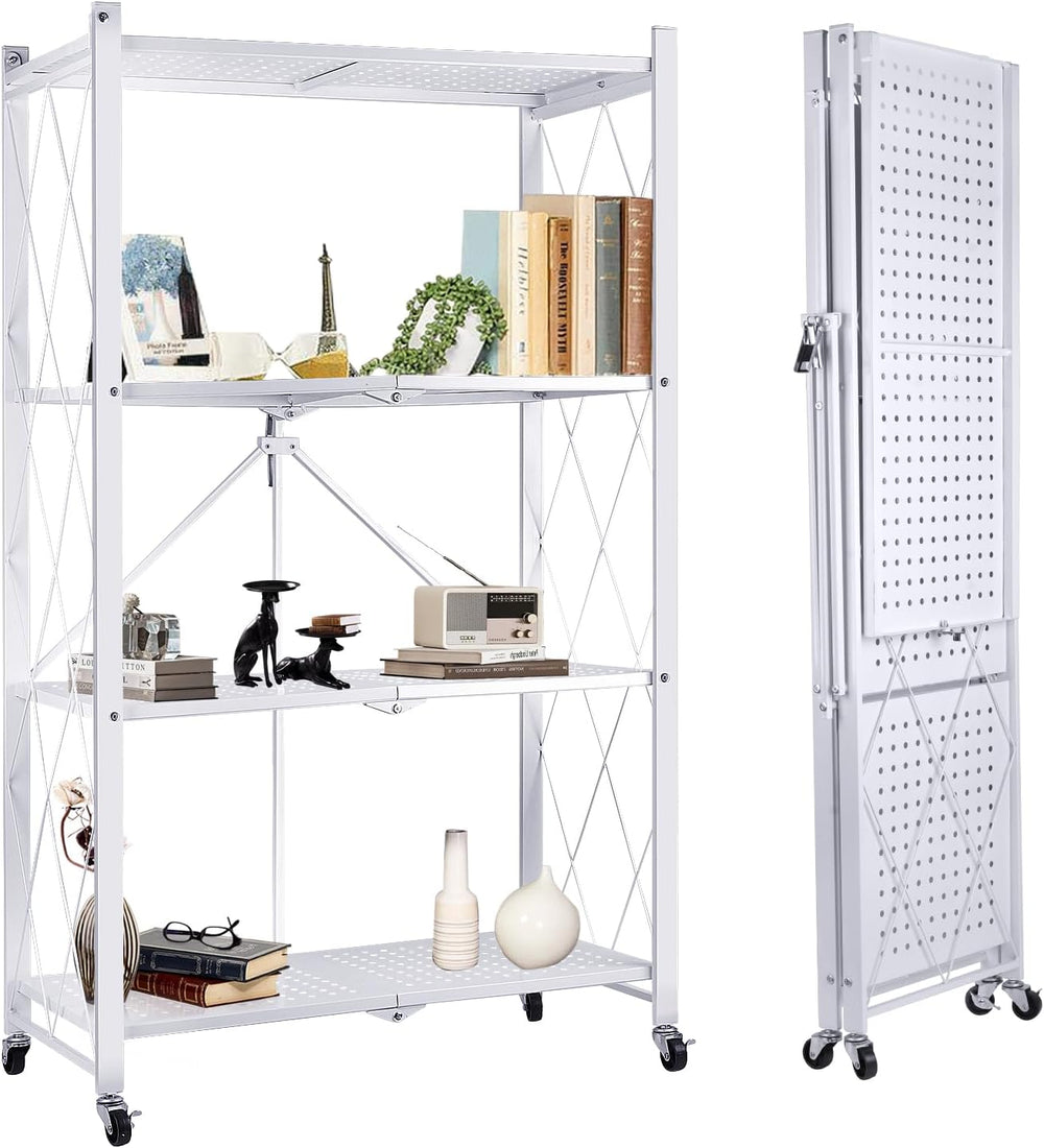 4-Tier Foldable Storage Shelf with Wheels, Metal Collapsible Shelving Unit, H...