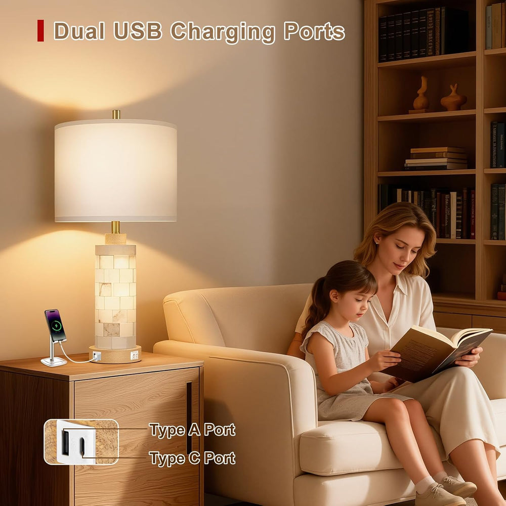 KIVDITZO 27" Alabaster and Wood Table Lamps Set of 2 with Night Light