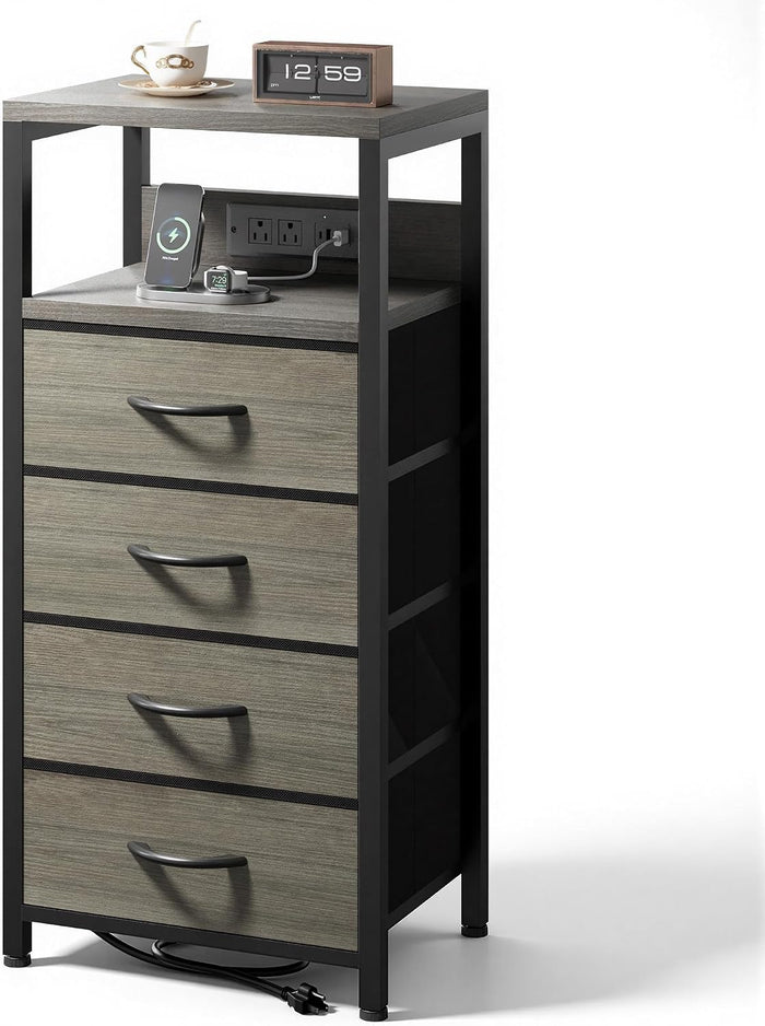 Lazzanto Night Stand with Charger Station, 4 Fabric Drawers, Grey | Nightstand, Bedside Table, Open Shelf, Built in USB-A, USB-C Port & AC Outlets, For Bedroom, Dorm, Living Room