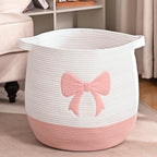 Large Baby Laundry Hamper, Pink Bow Laundry Basket for Baby Girl, Toy and Blanket Storage Basket for Nursery and Playroom, Cotton Rope Hamper for Kids, 17.7"x15.7"