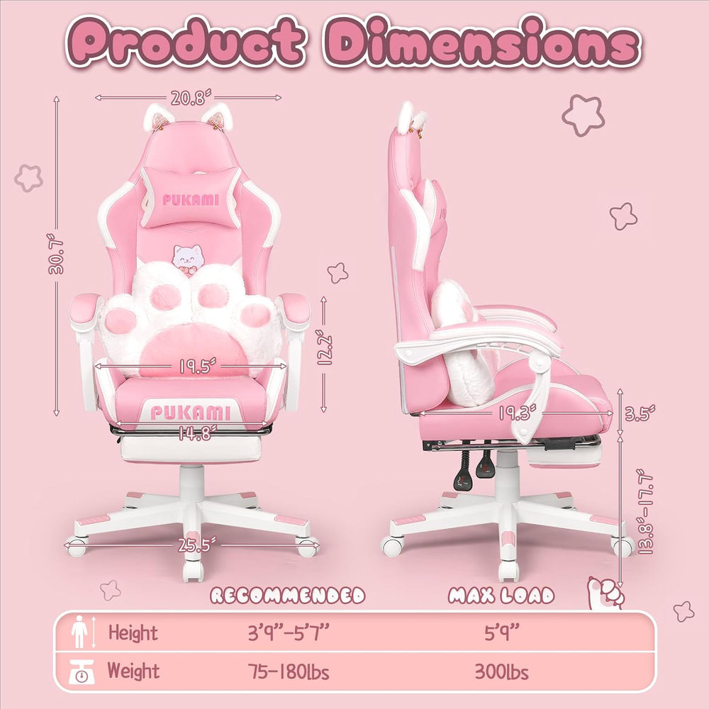 PUKAMI Pink Gaming Chair Cute with Cat Ears and Cat Paw Lumbar Cushion, Ergon...