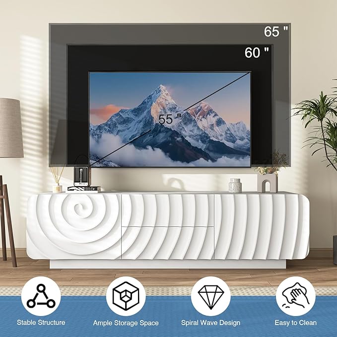 58'' TV Stand for 65 Inch TV, Modern Spiral Wave Media Console with Storage Cabinet and 2 Drawers, Low Profile Entertainment Center for Living Room Bedroom (White)