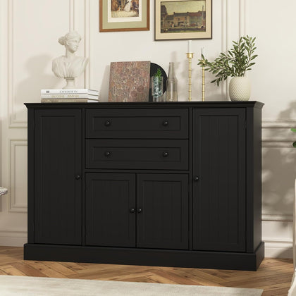 Farmhouse 47" Buffet Cabinet with Storage,Large Sideboard Buffet with Drawers and Adjustable Shelves, Rusitc Coffee Bar Cabinet for Kitchen, Black