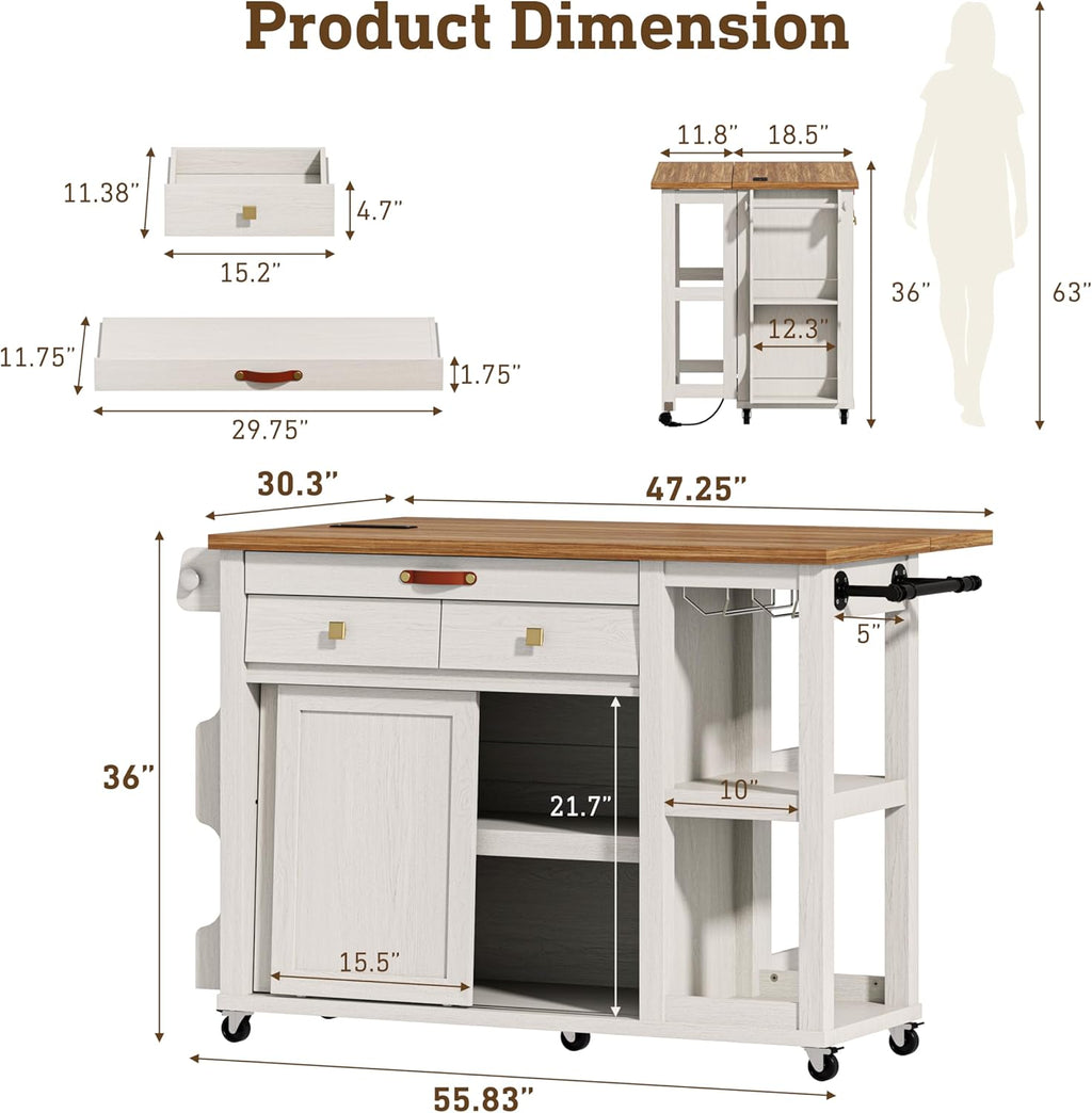 Kitchen Island with Storage Drawers & Charging Station & Drop Leaf | Rolling Kitchen Island Table on Wheels, Mobile Island Cart with Pull-Out Shelf, Spice Rack, for Dining Room (White)
