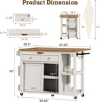 Kitchen Island with Storage Drawers & Charging Station & Drop Leaf | Rolling Kitchen Island Table on Wheels, Mobile Island Cart with Pull-Out Shelf, Spice Rack, for Dining Room (White)