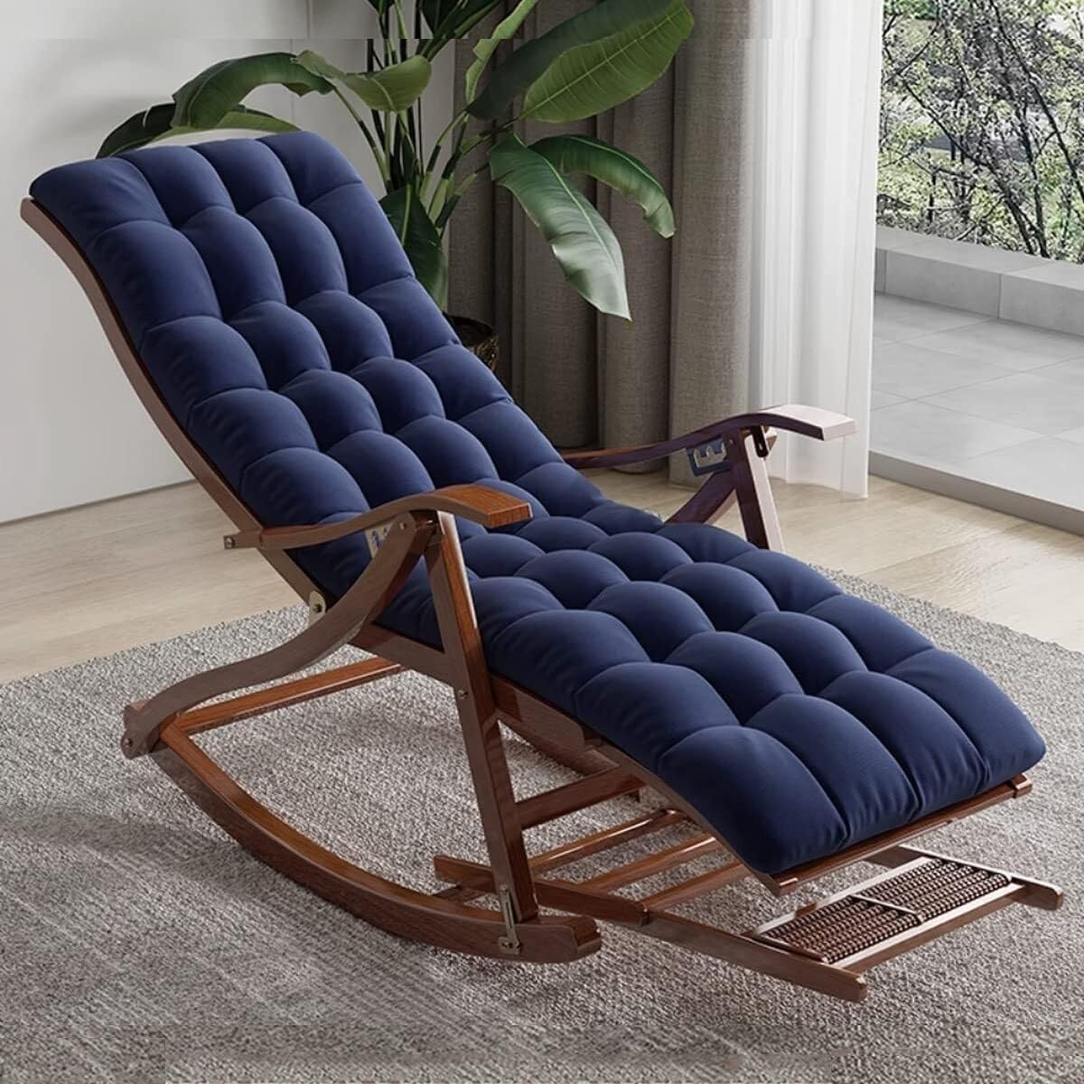 Upholstered Rocking Chair Folding Recliner Comfy Rocking with Footrest and Soft Padded Patio Lounge(Blue,B)