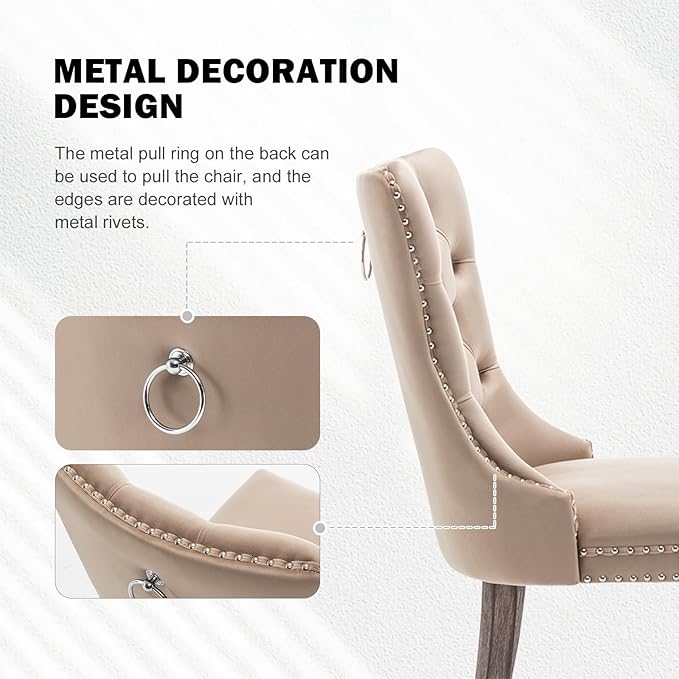 Velvet Dining Chairs Set of 4,Upholstered Dining Chairs with Ring Pull Trim and Button Back,Modern Seating for Kitchen, Bedroom & Living Room(Khaki)