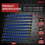 AMM 9-Piece Socket Organizer, 1/2 inch, 3/8 inch and 1/4 inch Drive ABS Tools-Blue Socket Holder,Heavy Duty Socket Racks, Premium Quality Socket Clip Rail Holder,The best tool trays in the garage