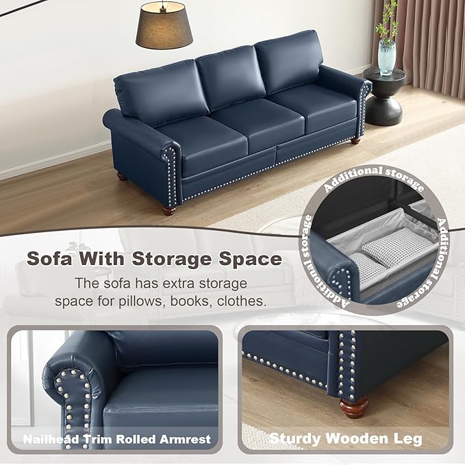 3 Piece Faux Leather Sofa Set,Mid Century Modern Couch and Loveseat Sets with Storage,Comfy Deep Seat Sofa with Nailhead Trim & Rolled Arm for Living Room,Office(Armchair+Loveseat+3 Seater,Navy)