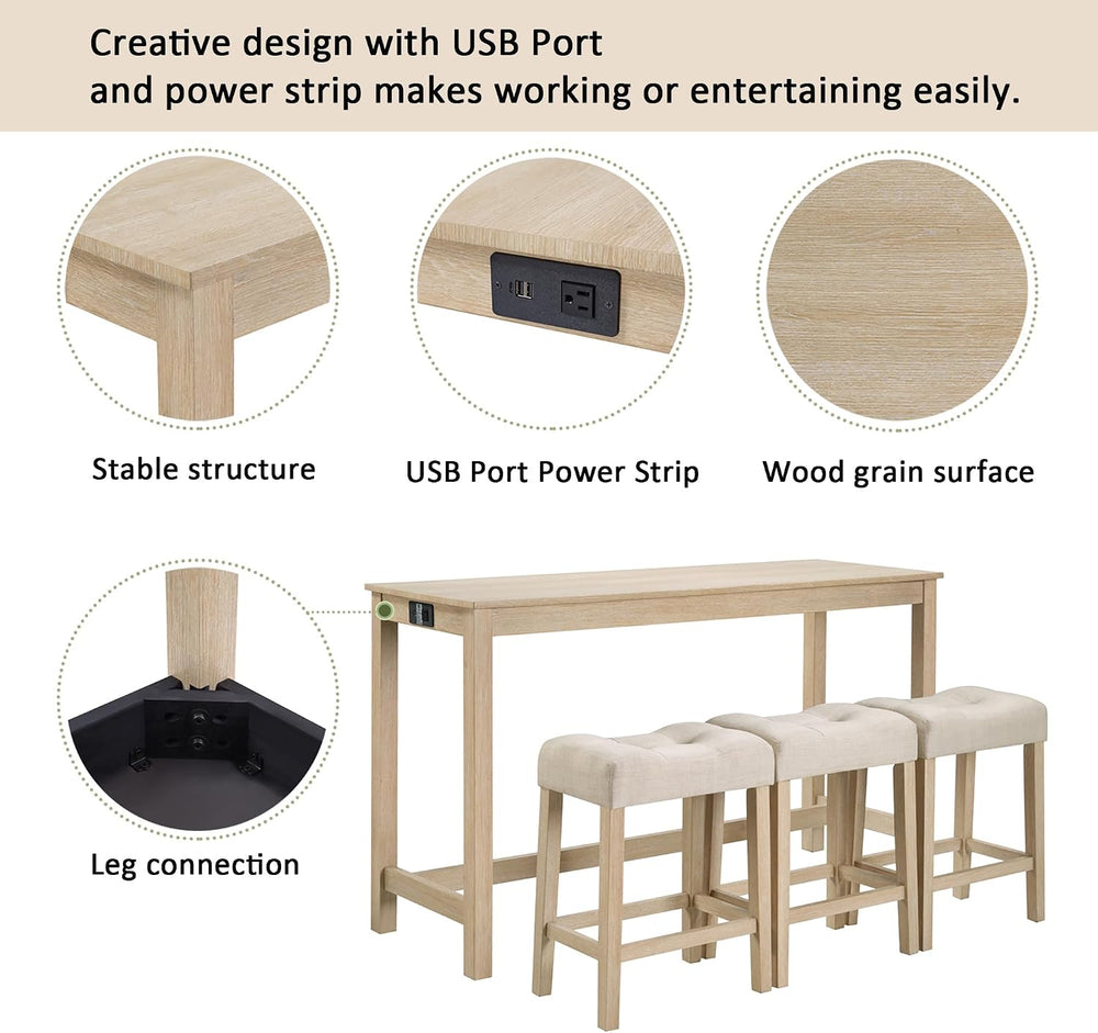 LKTART Bar Table and Chairs Set of 4, Bar Height Dining Table Set with Power ...