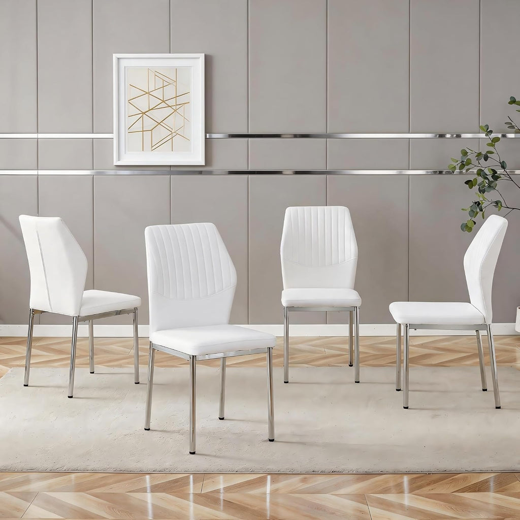 Dining Chairs Set of 6, Modern Upholstered Kitchen Dining Chairs with High Back, Faux Leather White Chairs with Metal Legs, Comfortable Armless Side Chairs for Dining Room Kitchen Living Room