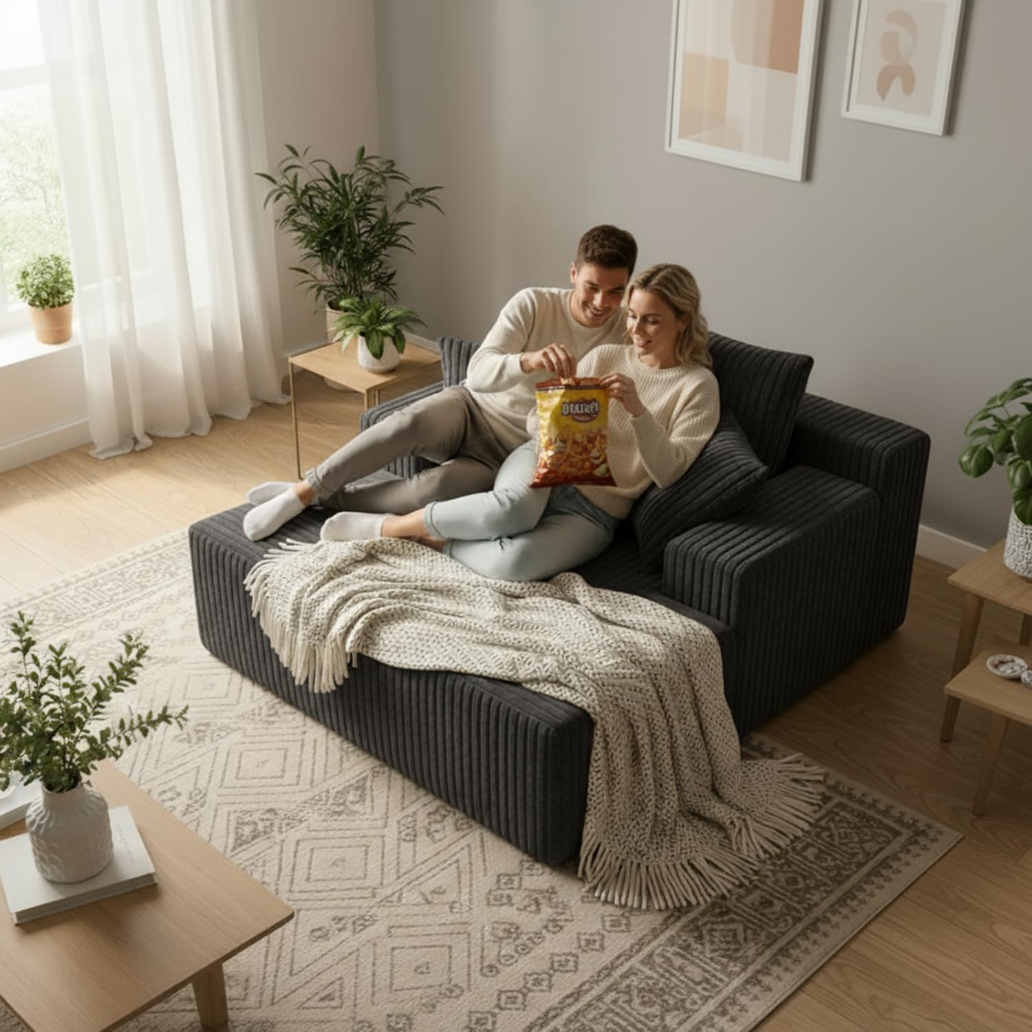 Chaise Lounge with Armrests, Oversized Sofa Bed with 3 Pillows, Cozy Couch, Sleeper Reading Chair for Living Room Bedroom, Floor Sofa Corduroy, Furniture Sala, Volcanic Ash