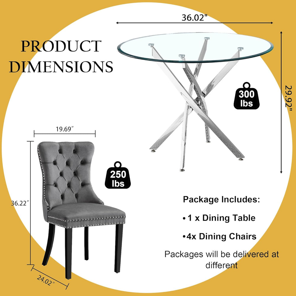 Round Glass Dining Table Set for 4, Modern 36 Inch Glass Kitchen Table with S...