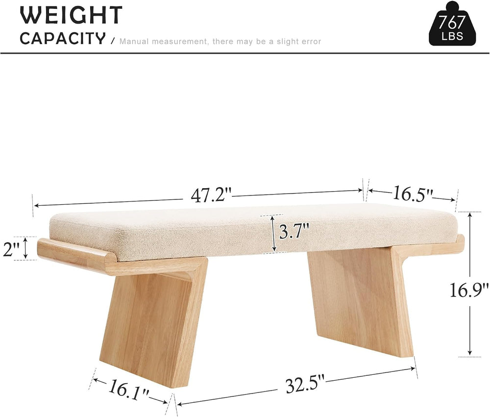 47.2" Natural Wood Bedroom Bench, Upholstered Entryway Bench, Modern End...