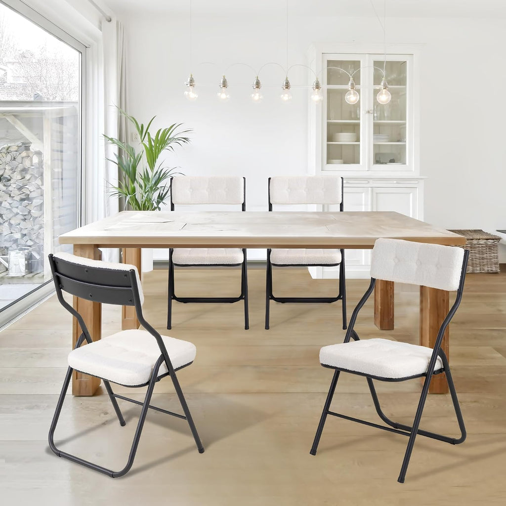 HOMEFUN Padded Folding Chairs 4 Pack - Foldable Dining Chair with Cushion, Portable and Assembled Extra Seat for Guests Kitchen Office Wedding Party Teddy White
