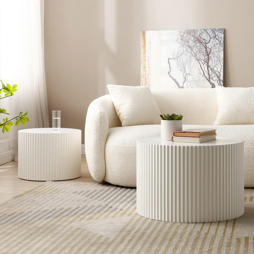 42.52'' White Round Nesting Coffee Table Set of 2 Modern Drum Side En...