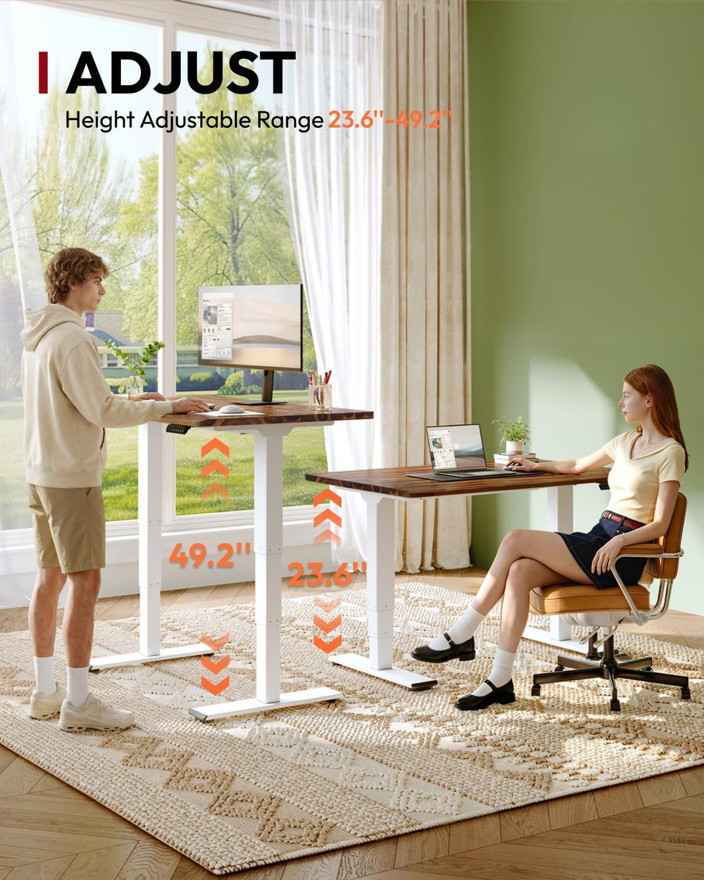 SANODESK Solid Wood Dual Motor Standing Desk-48"x24"-Brown/White