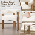 Set of 6 Modern Boho Barrel Dining Chairs with Wood Legs, White Upholstered Accent Armchairs with Thick Padded Cushion for Kitchen, Minimalist Natural Chic Chairs for Living Room