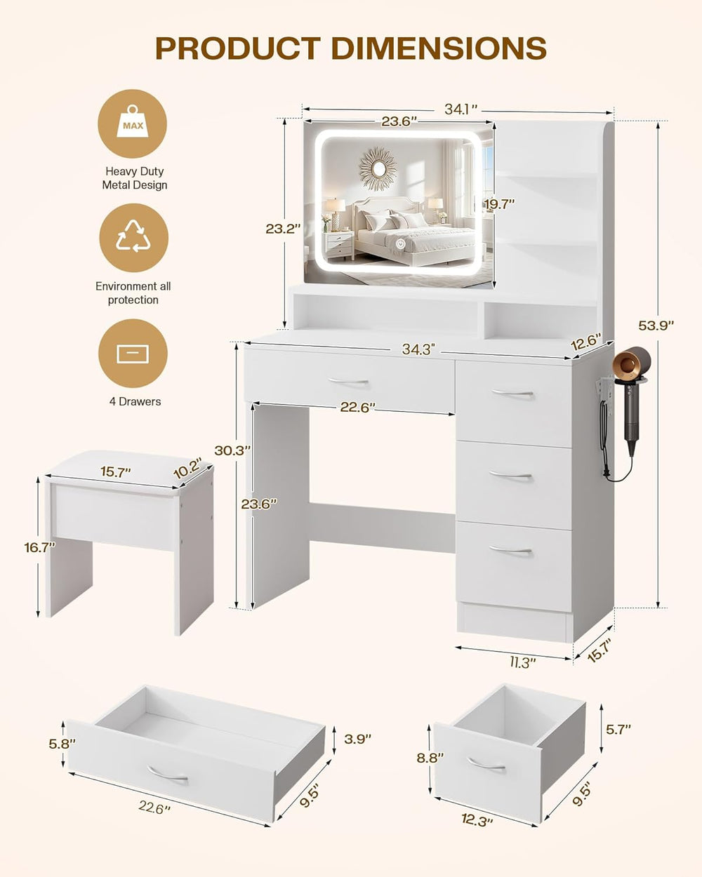 LIVELYGLOW White Makeup Vanity Desk with Charging Station & 4 Drawers | S...