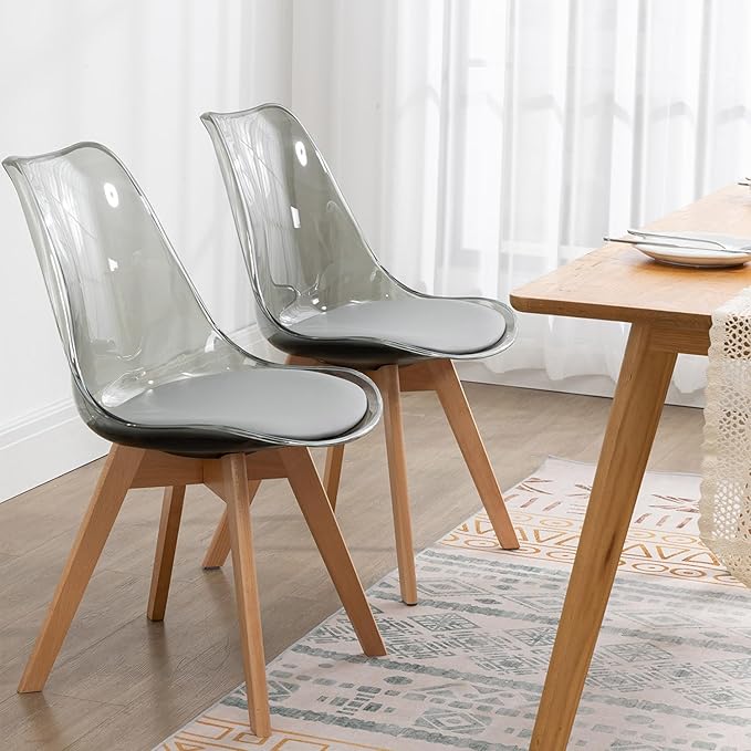 Clear Dining Chairs Set of 2, Modern Acrylic Dining Chair Transparent Chairs with PU Leather Cushions Seat & Wood Legs, Side Chairs for Dining Room Kitchen Restaurant Balcony (Grey)