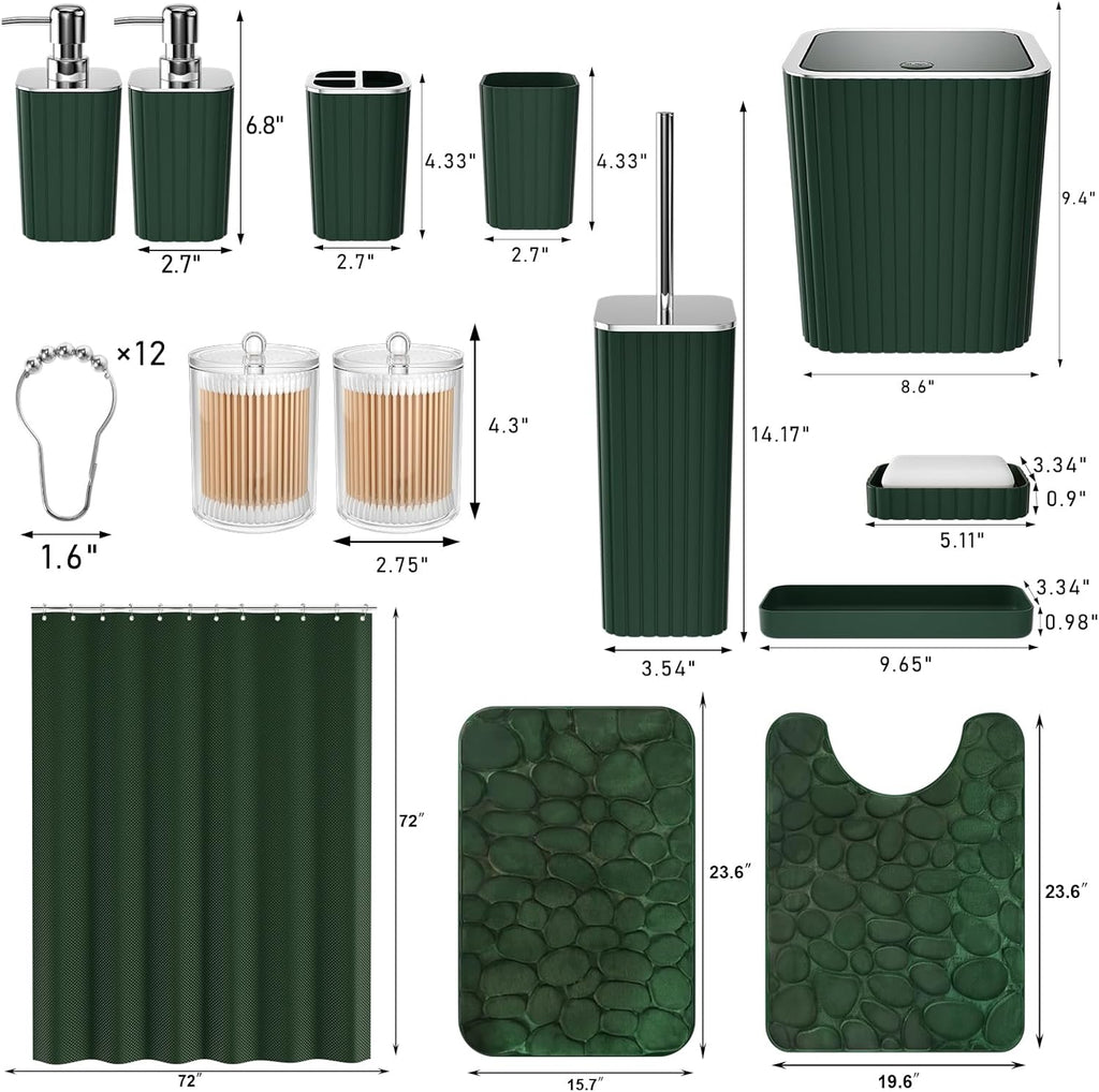 Bathroom Set- 25PC Green Bathroom Sets, Bathroom Set with Shower Curtain and Rugs, Dark Green Shower Curtain Set, Bathroom Accessories Set, Bathroom Trash Can