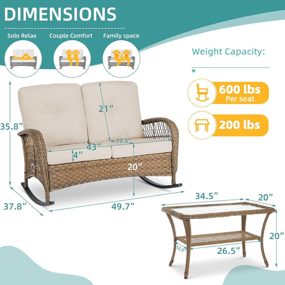 MEETWARM Outdoor Wicker Loveseat Rocking Chair, Loveseat for 2 Person Porch F...