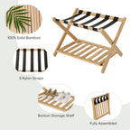 Set of 2 Fully Assembled Luggage Rack for Guest Room, 5 Straps Bamboo Suitcase Stand with Shoe Shelf, 26.77" Wide Foldable Luggage Holder for Bedroom, Hotel (Natural)