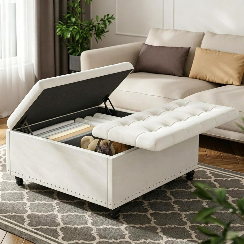 FUXA 35" Large Square Ottoman with Storage and Lift Top, Wood Legs, Beig...