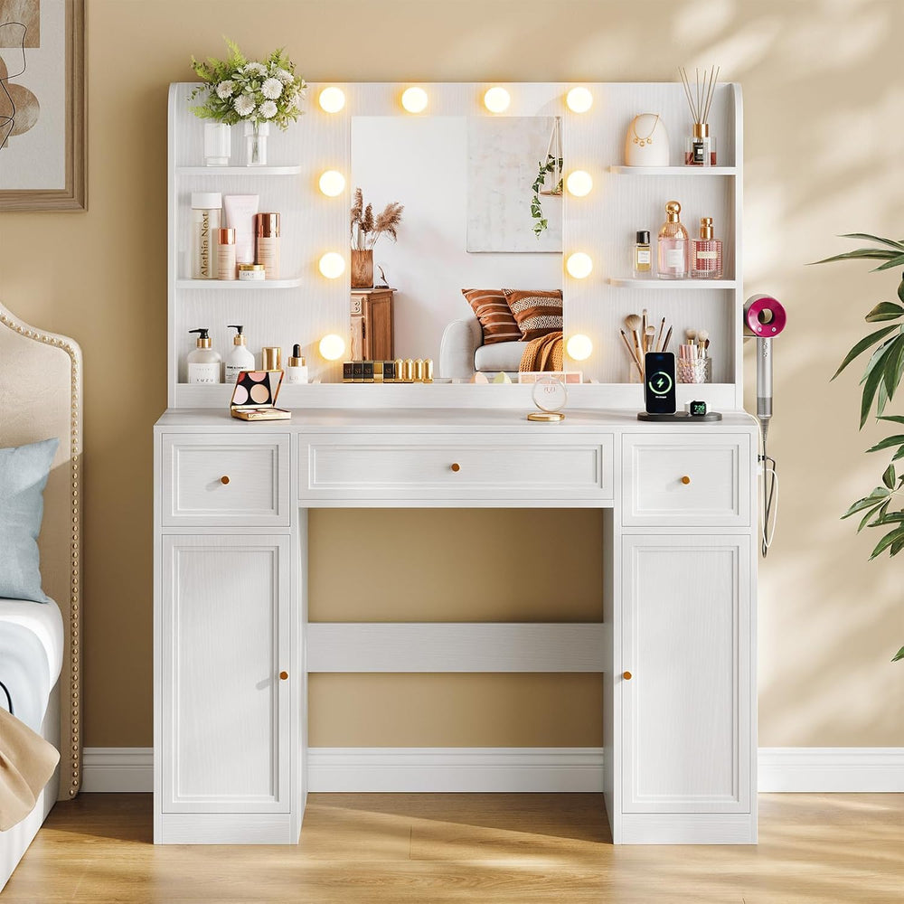 Large Makeup Vanity Desk with Mirror and Lights & Charging Station, White...