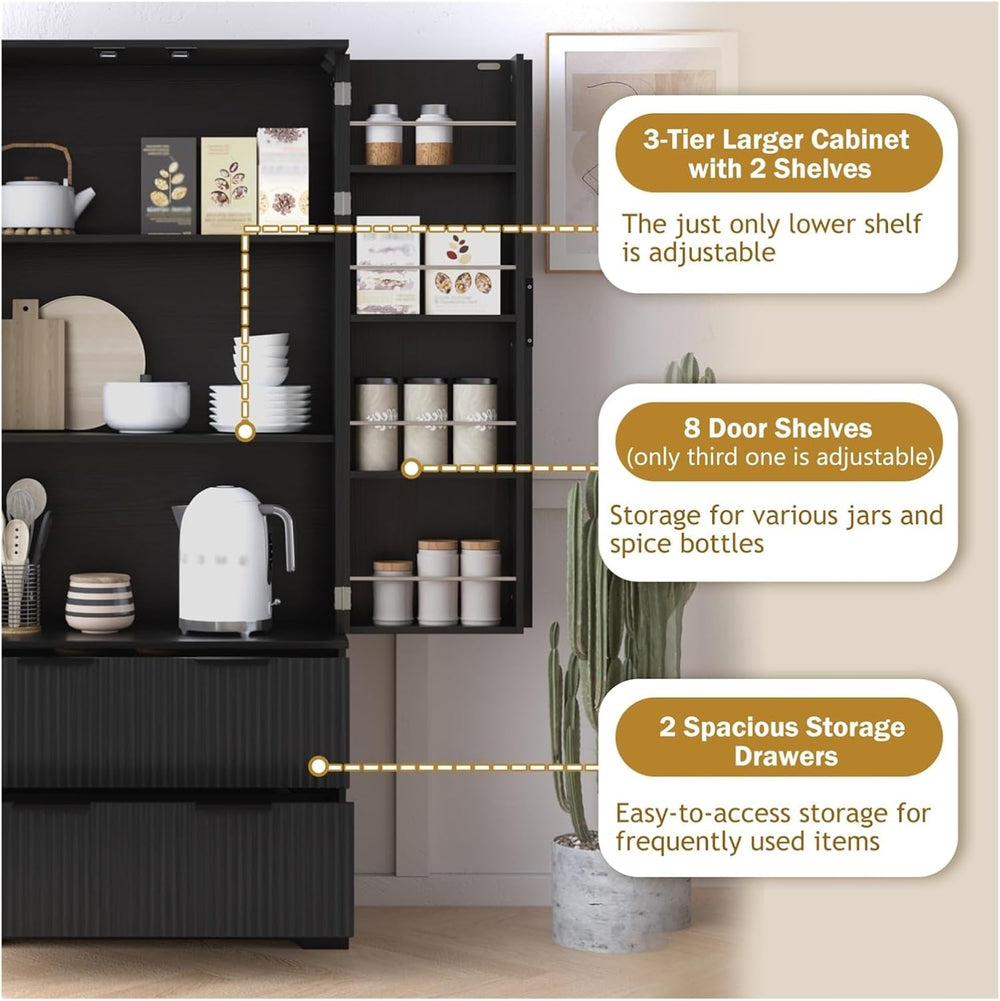 72" Modern Fluted Kitchen Pantry Cabinet with 2 Large Drawers & 8-Do...