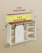 VASAGLE Coffee Bar Cabinet with Power Outlet and Voice Control LED Light, Buffet Cabinet with Sliding Barn Doors, S Hooks, Wine Glass Racks, Bottle Holders, Rustic White and Honey Brown ULSC201W01