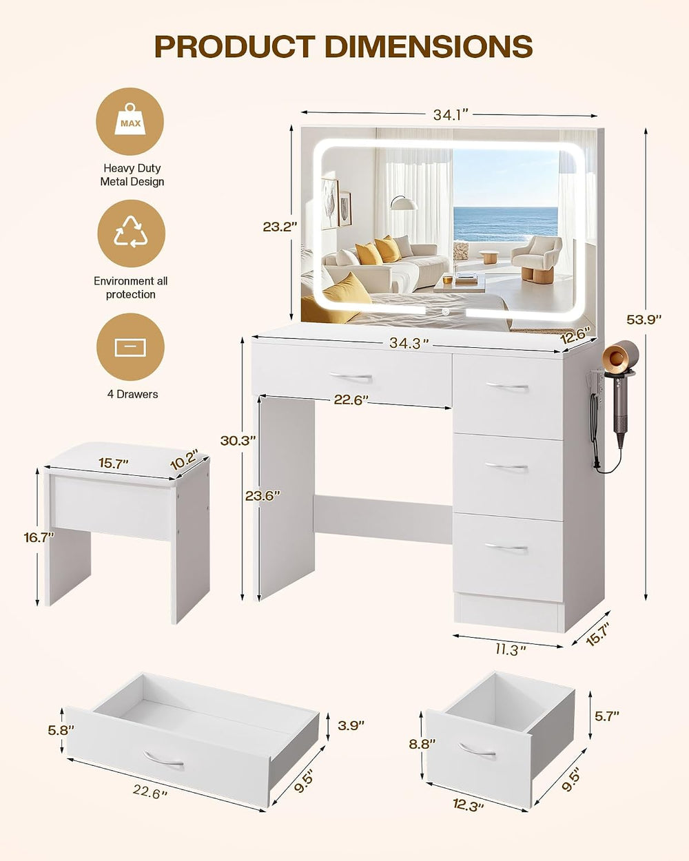 LIVELYGLOW 35.4" White Vanity Desk Set with Full-Width LED Mirror & ...