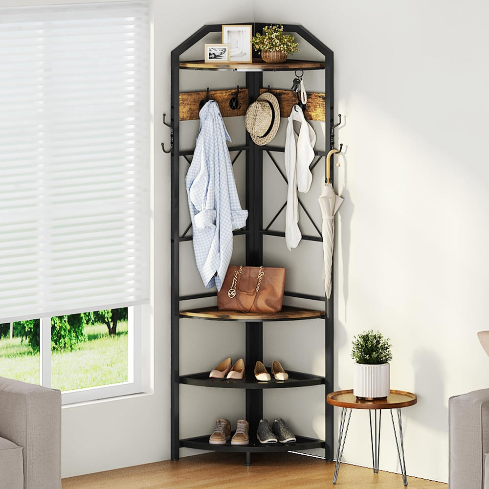 Corner Coat Rack with Storage, Entryway Hall Tree with Shoe Rack and Hooks, F...