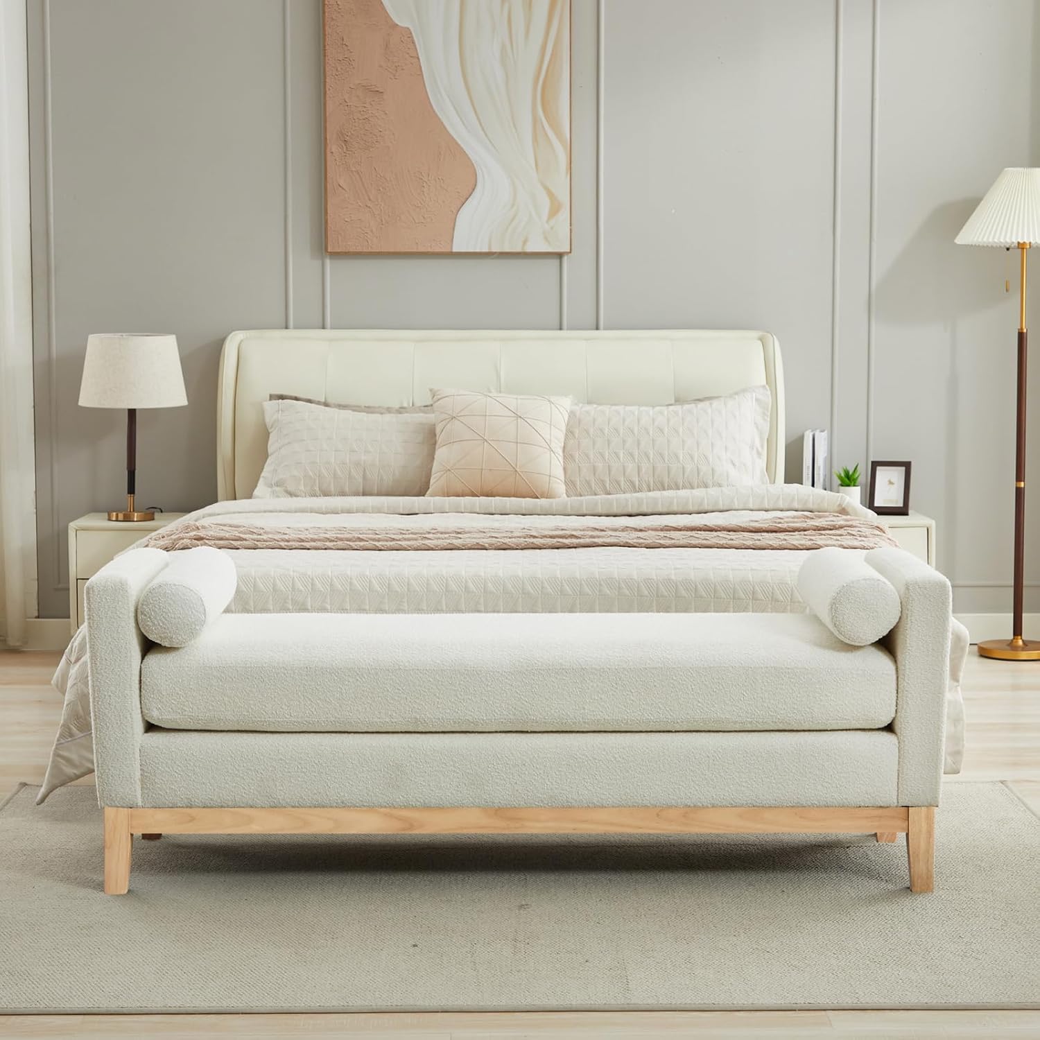 66.34" End of Bed Bench Boucle Fabric Long King Size Bench, White. | Entryway Bench Ottoman Upholstered Extra Long Seat for Bedroom, Entryway, Hallway, Cloakroom, Window Bench.