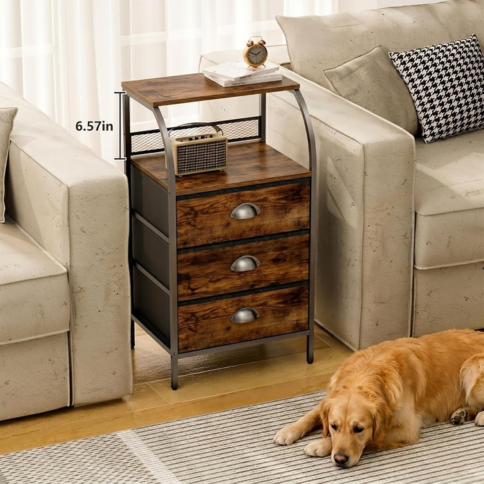 Night Stand Set 2, Tall Nightstand with 3 Fabric Drawers, Bedside Table with 2-Tier Wood Shelf, End Table for Bedroom, Steel Frame, Wood Top, Rustic Brown