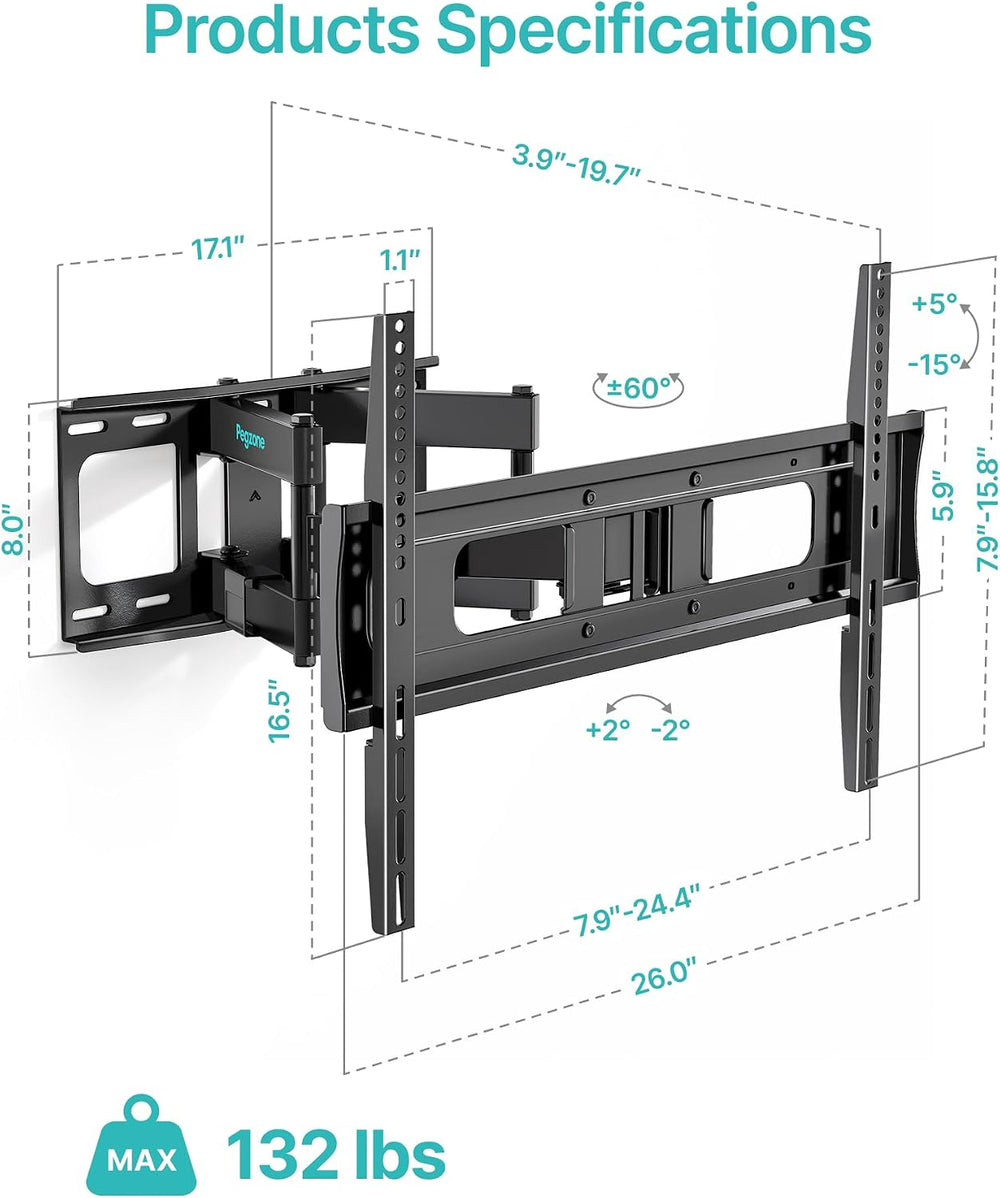 Pegzone Full Motion TV Wall Mount for 37-90 Inch TVs up to 132lbs | Swivel Ti...