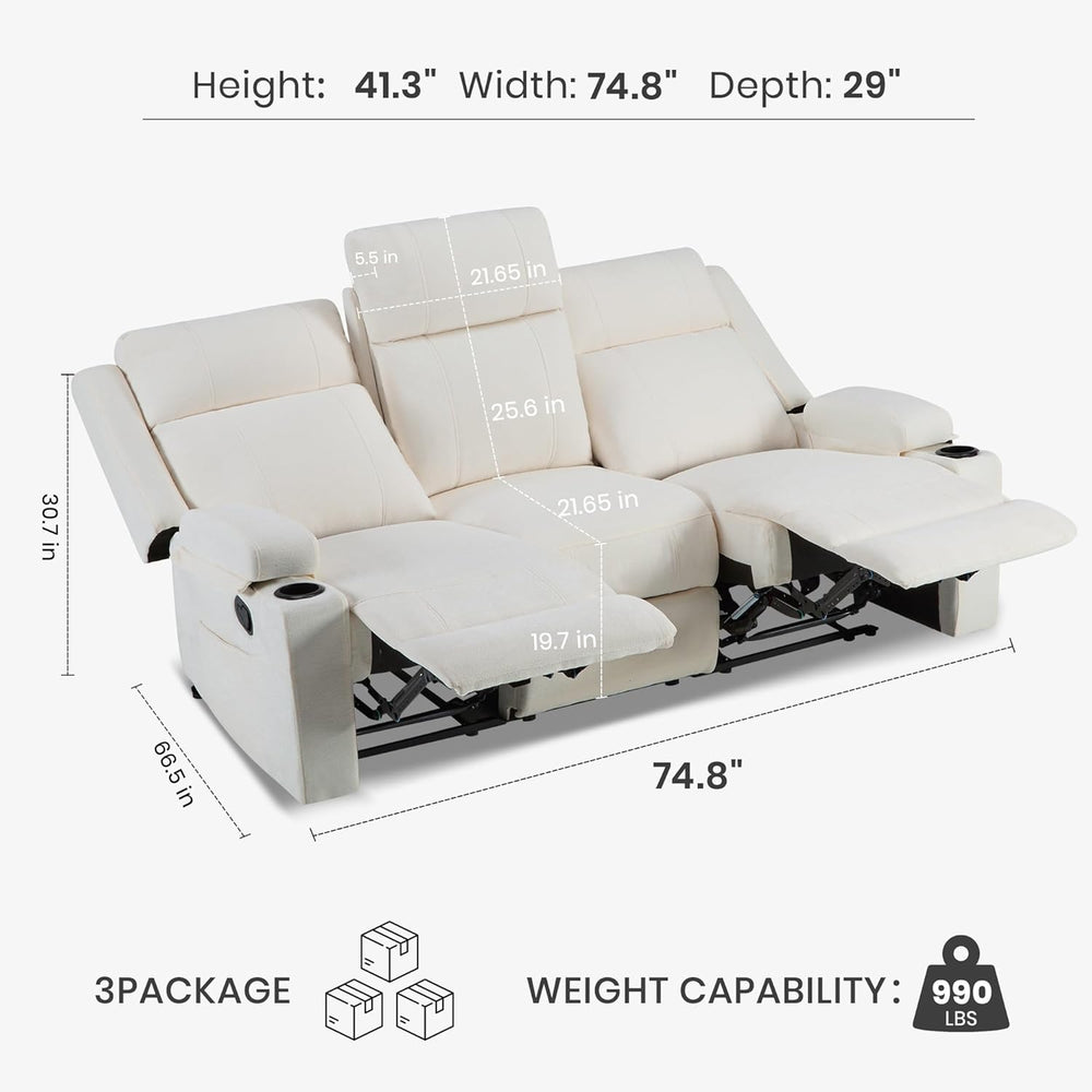 75'' Manual Reclining Sofa with Storage Drawer, 3 Seat Wall Hugger Re...