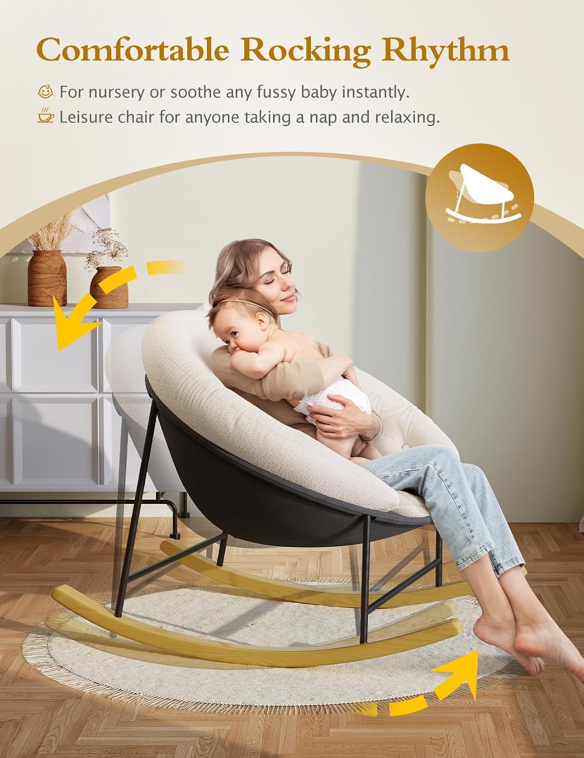 Kidirect Wide Rocking Chair Nursery, Comfy Saucer Nursery Rocking Chairs with Removable Cushion, Indoor Papasan Nursing Chair for Breastfeeding, Mecedora Para Adultos for Living Room & Bedroom (Beige)