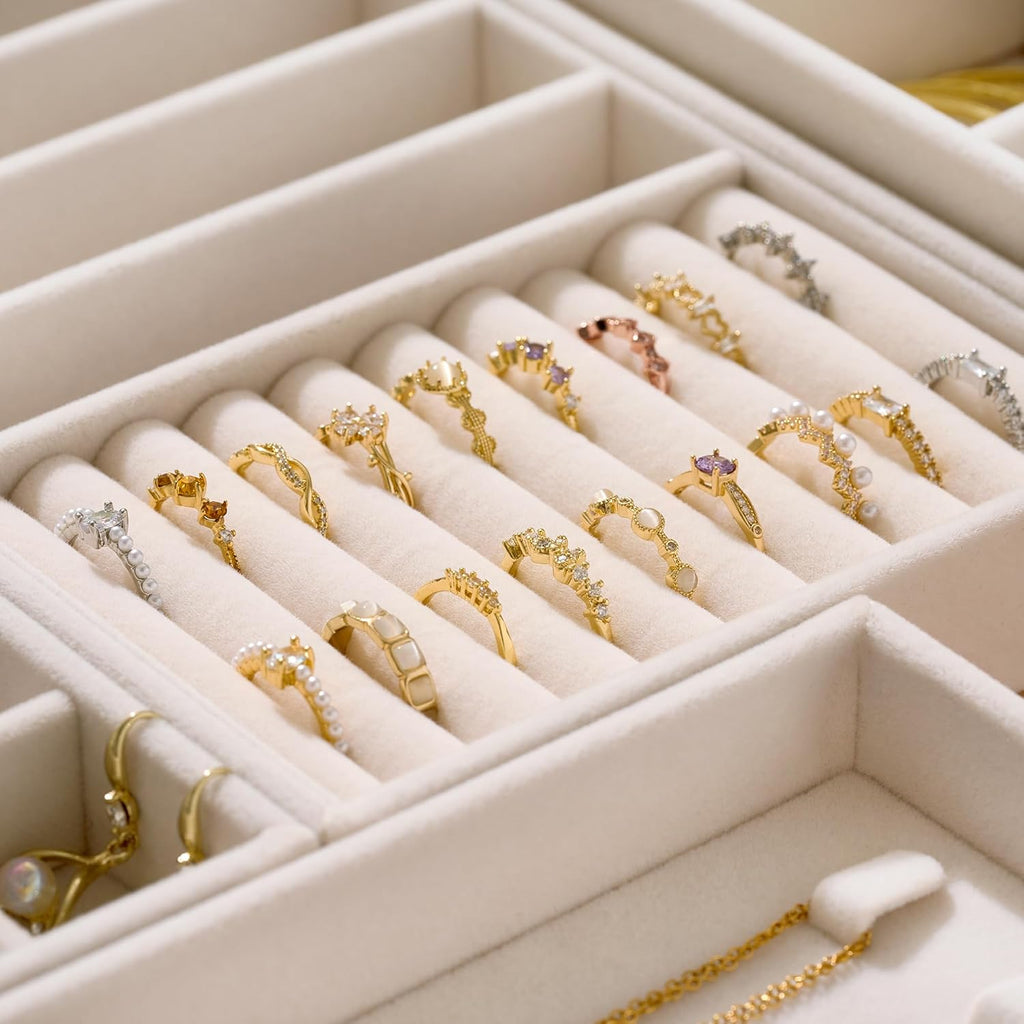 Velvet Jewelry Drawer Organizer Trays – Beige Stackable Jewelry Storage Inserts Set, 4-Layer Jewelry Tray Set for Earrings, Rings, Necklaces, Bracelets with Removable Dividers for Dresser & Vanity