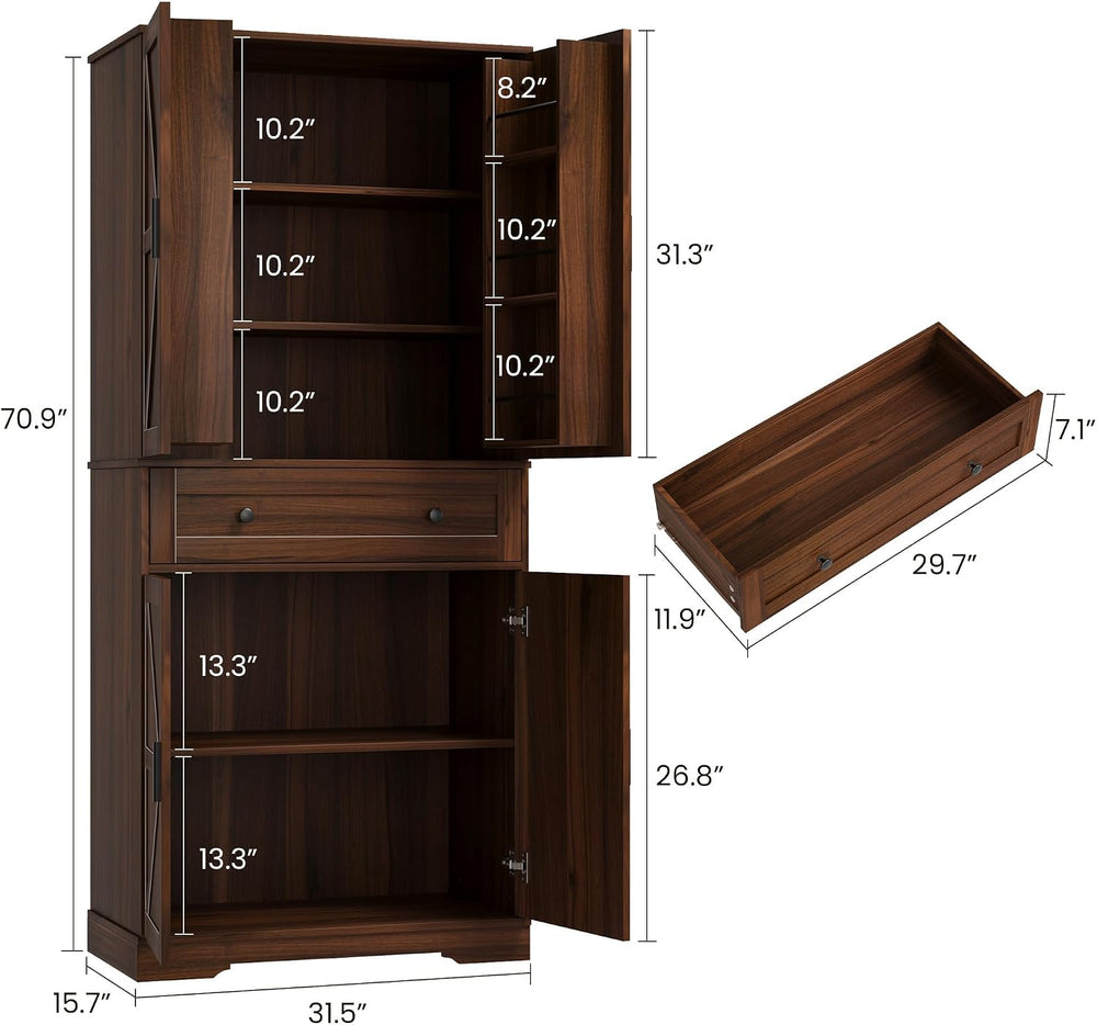 Garvee 71" Kitchen Pantry Cabinet, Barn Door Freestanding Cupboard with ...