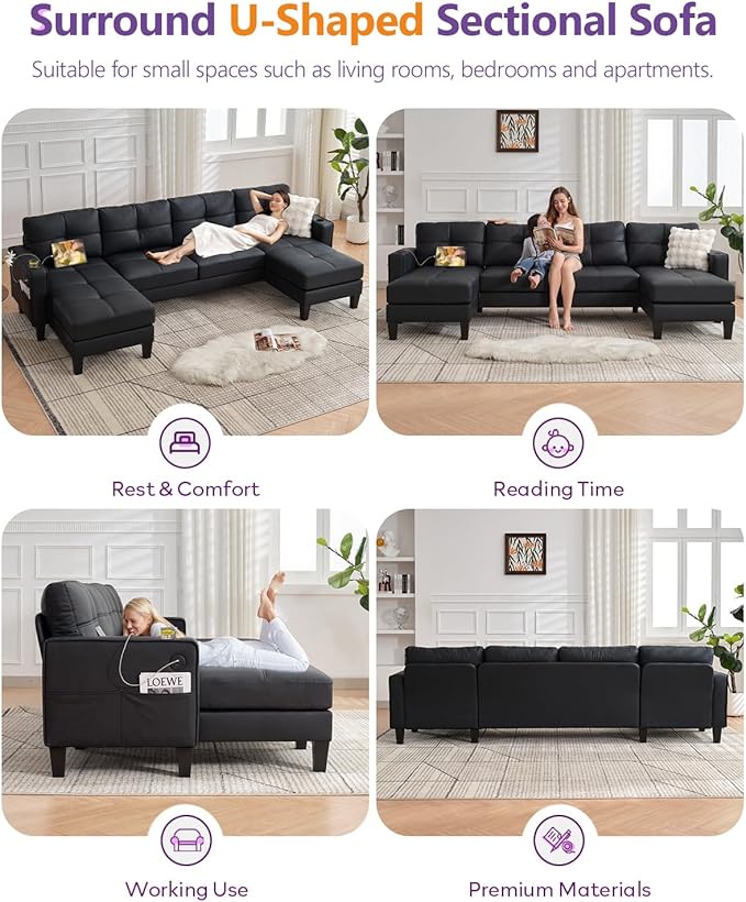 TYBOATLE 116’’ W Black Faux Leather Sectional Couch w/USB and Cup Holders for Living Room, Comfy Tufted U Shaped Sofa w/Chaise Lounge, Office Leather Sofa for Bedroom