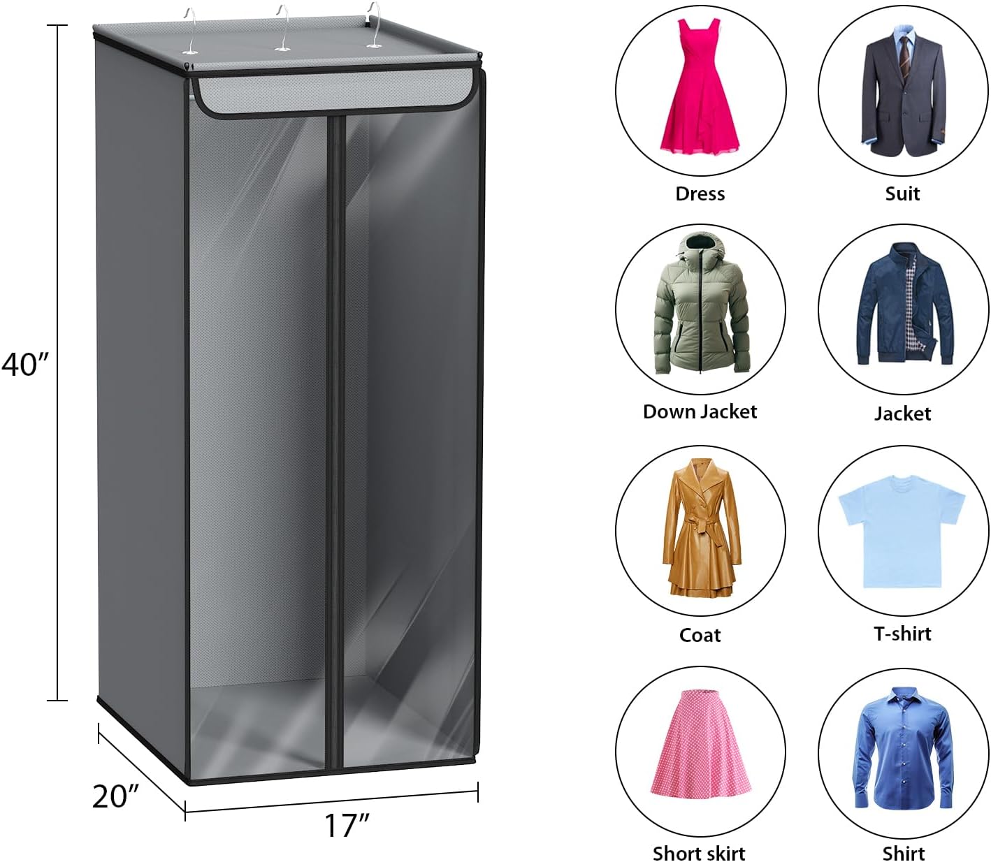 Univivi Garment Bags for Hanging Clothes, Cloth Bag 40 In, 2 PCS, Grey | Large Capacity, Easy Assembly, Clear Window, Dustproof, Durable Zipper, Hanging Garment Storage Bag for Suit, Coat, Dress