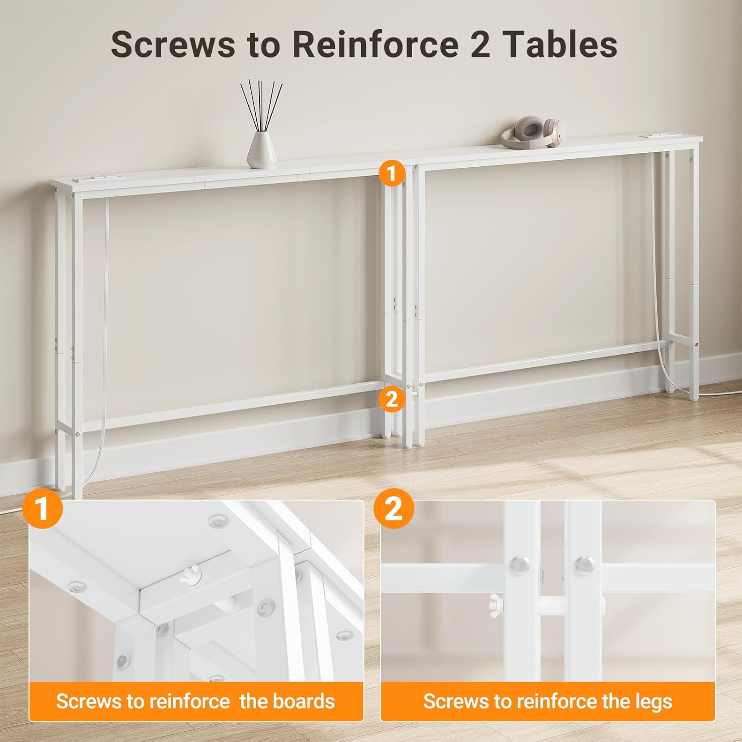 ELYKEN 2 Pack 5.9" Narrow Console Sofa Table with Power Outlets, Total 78.8” Long Behind Couch Table with Charge Station and 4.9’ Extension Cord for Living Room, 5.9" D x 78.8”W x 29.5”H, White