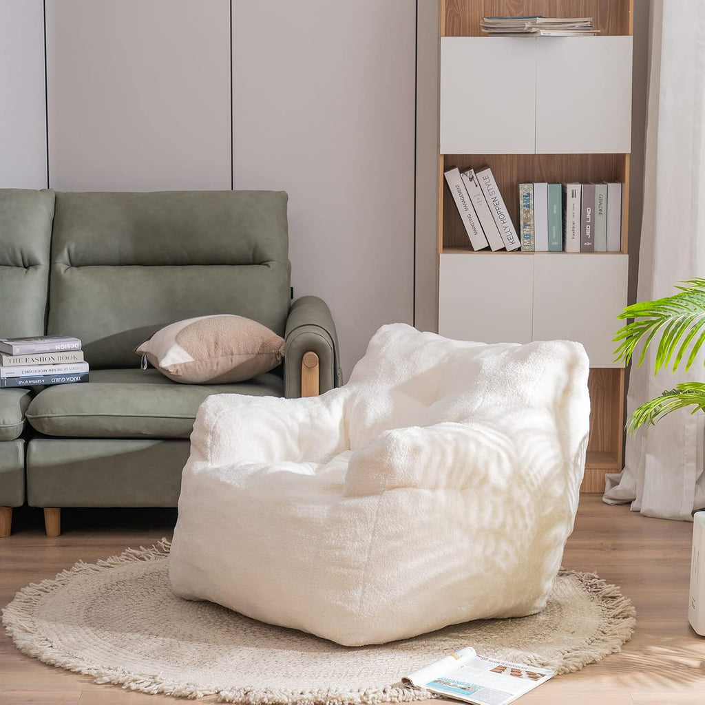 Bean Bag Chairs, Soft Tufted Foam Bean Bag Chair with Teddy Fabric for Adults and Kids, Comfy Lazy Sofa for Living Room, Bedroom (Ivory)