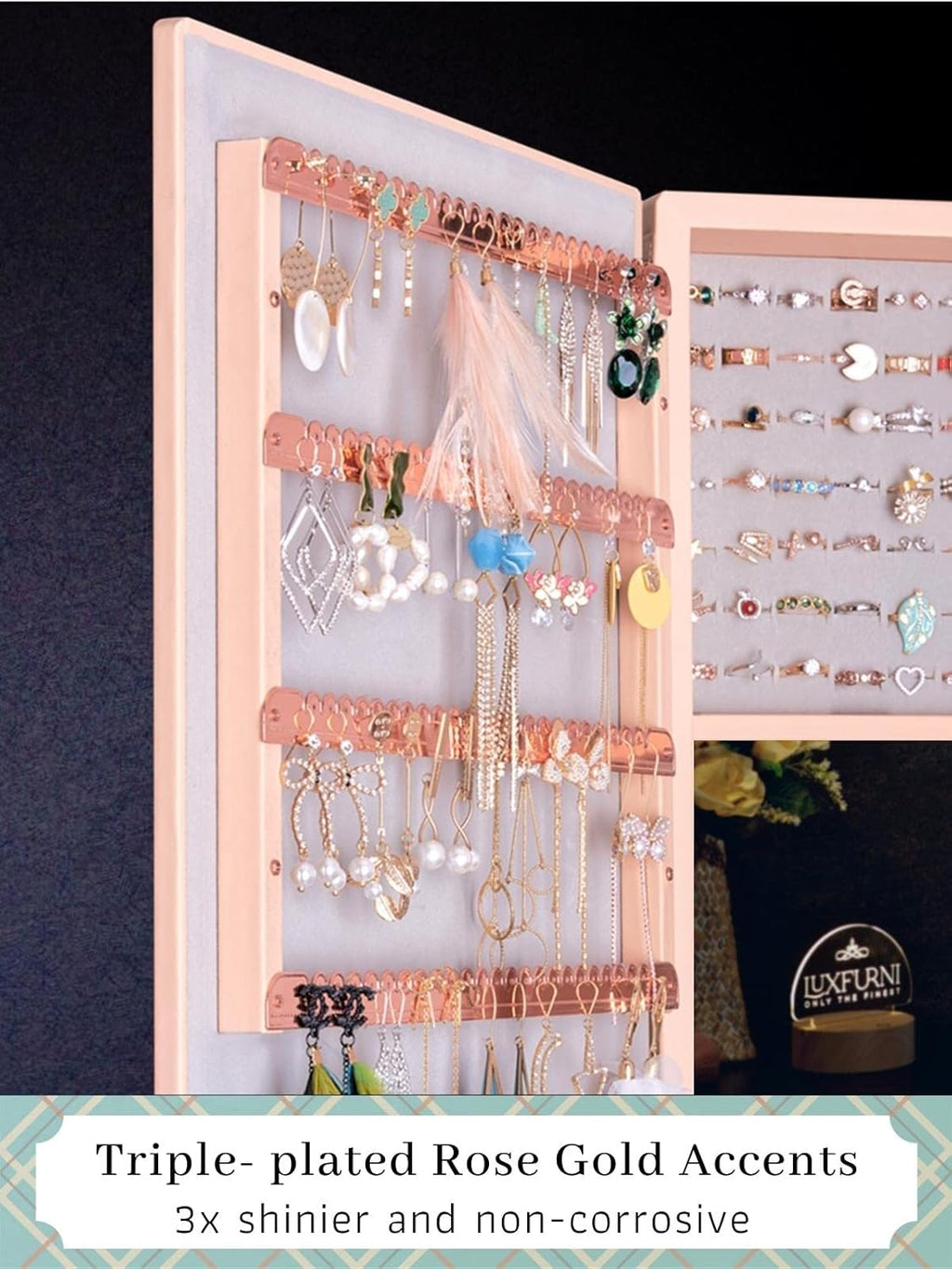 LUXFURNI Jewelry Armoire Organizer, Wall/Door Mounted Cabinet with Full Length Mirror (Peach)