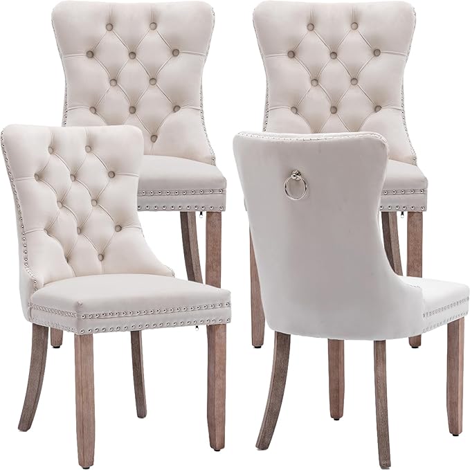 Modern Dining Chairs Set of 4, Tufted Upholstered Dining Chair with Solid Wood Legs, Beige Velvet Accent Chair, Sillas de Comedor, 4 Dining Chairs (Beige, Velvet, 4Pcs)