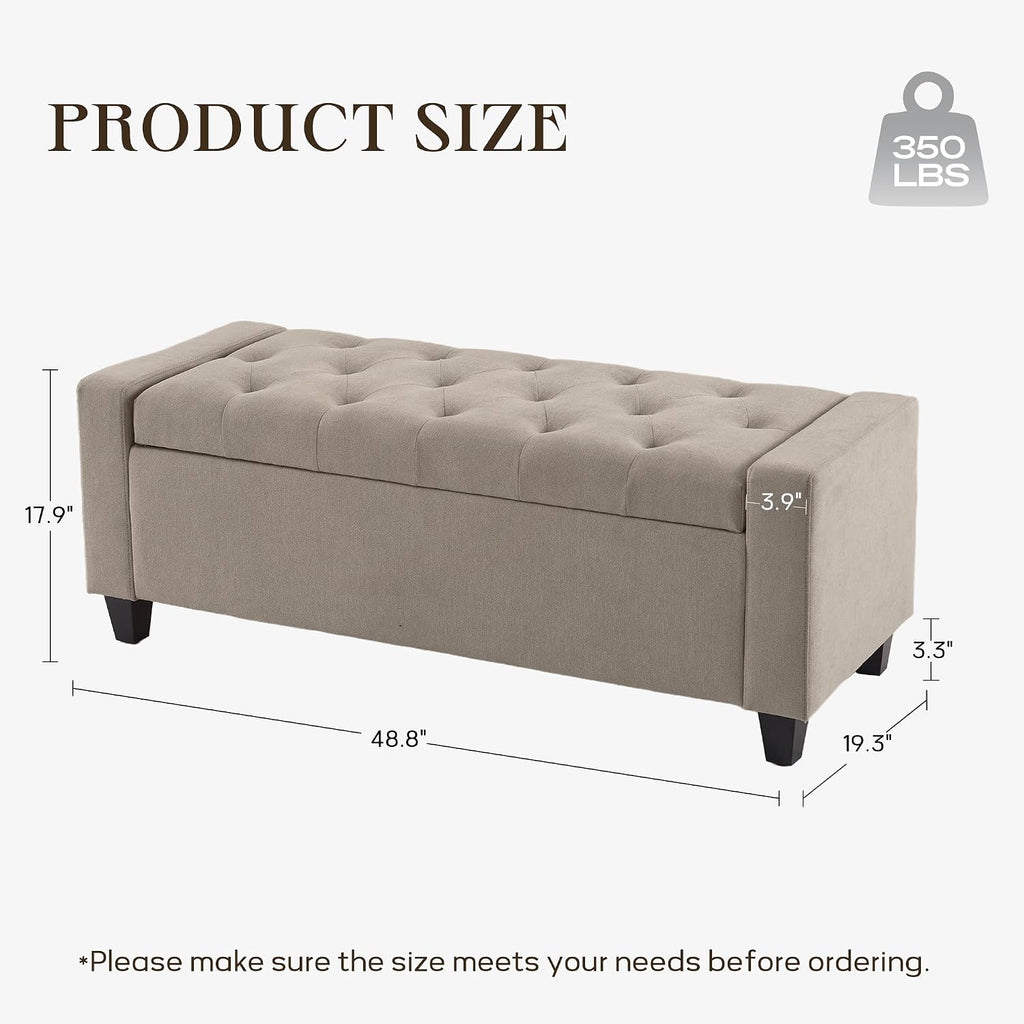 Zihanhome Ottoman with Storage, 48.8" Fabric Storage Ottoman Bench with Hinge, Bedroom Bench, Upholstered Benches with Seating for Living Room, Entryway (Khaki)
