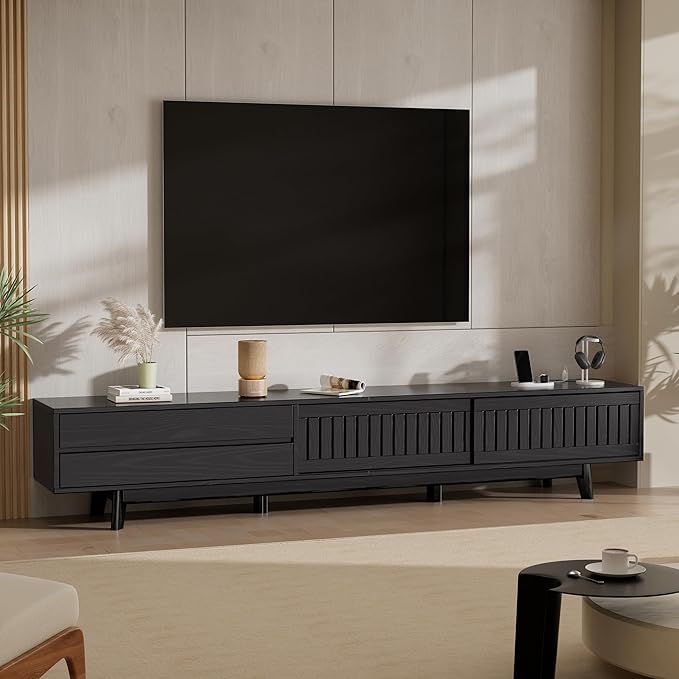 Mid Century Modern TV Stand for 85 Inch TVs, 78.7" Entertainment Center with Storage & Power Outlet, Media Console w/Drawers and Sliding Door, Television Stands for Living Room, Black