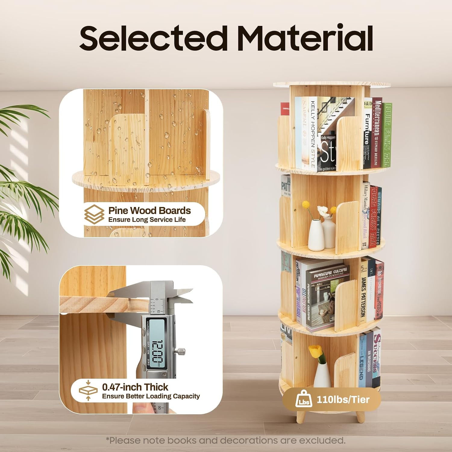 Wooden Rotating Bookshelf 360 Display Floor Standing Bookcase Storage Rack for Kids&Adults Multi-Functional Bookshelf Organizer (4-Tier)